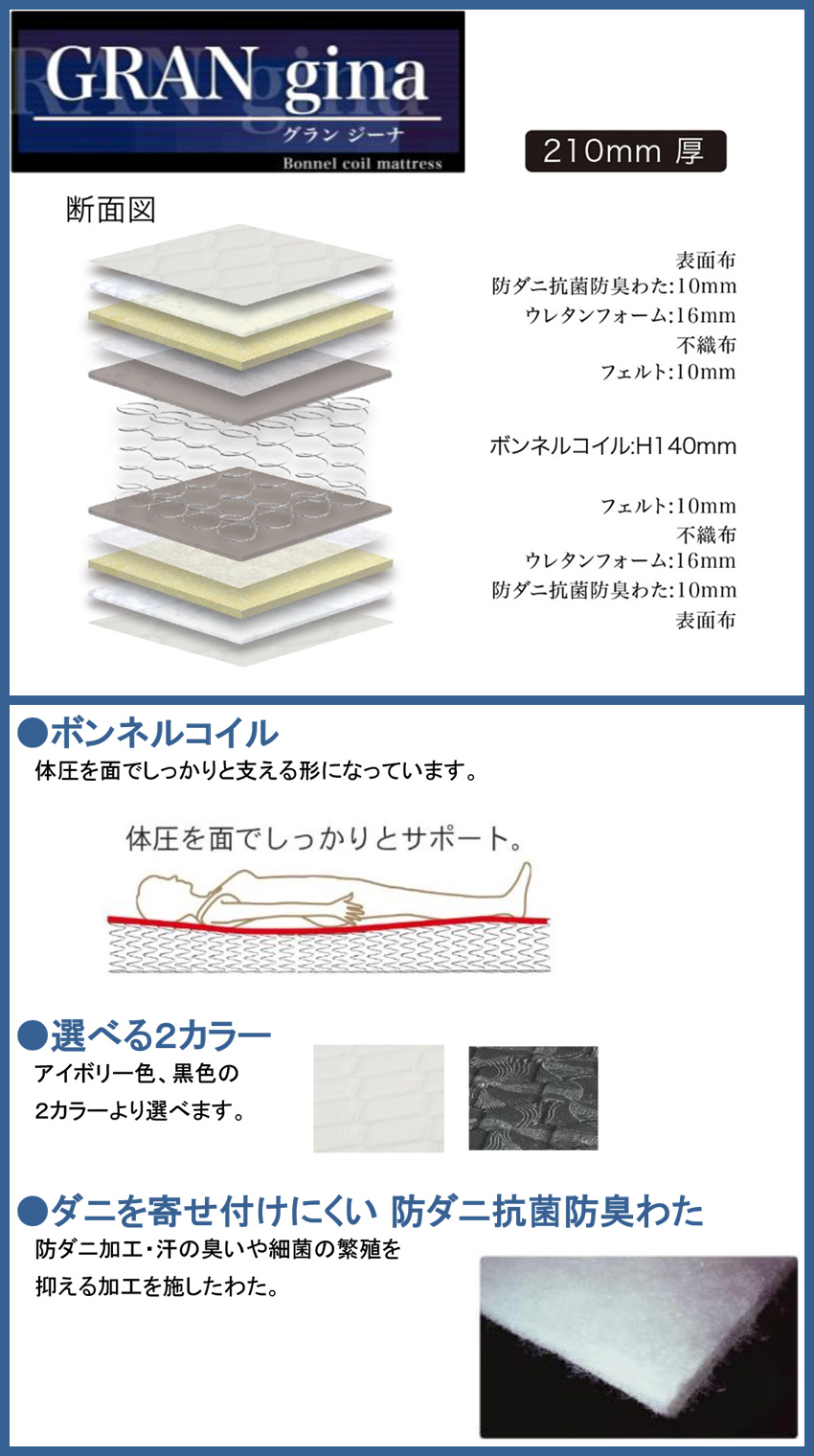 最大90％オフ！ 送料無料 GRAN gina グランジーナ 日本製マットレス シングルサイズ ボンネルコイル 防ダニ抗菌防臭わた 硬め Hardタイプ  S