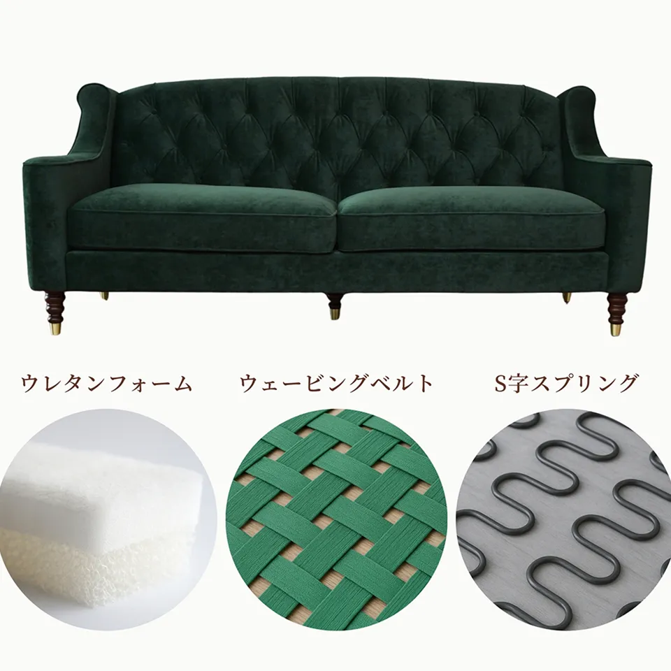 アンティーク調 ヨーロピアン 3人掛けソファ 3Pソファ ベルベット 画像15