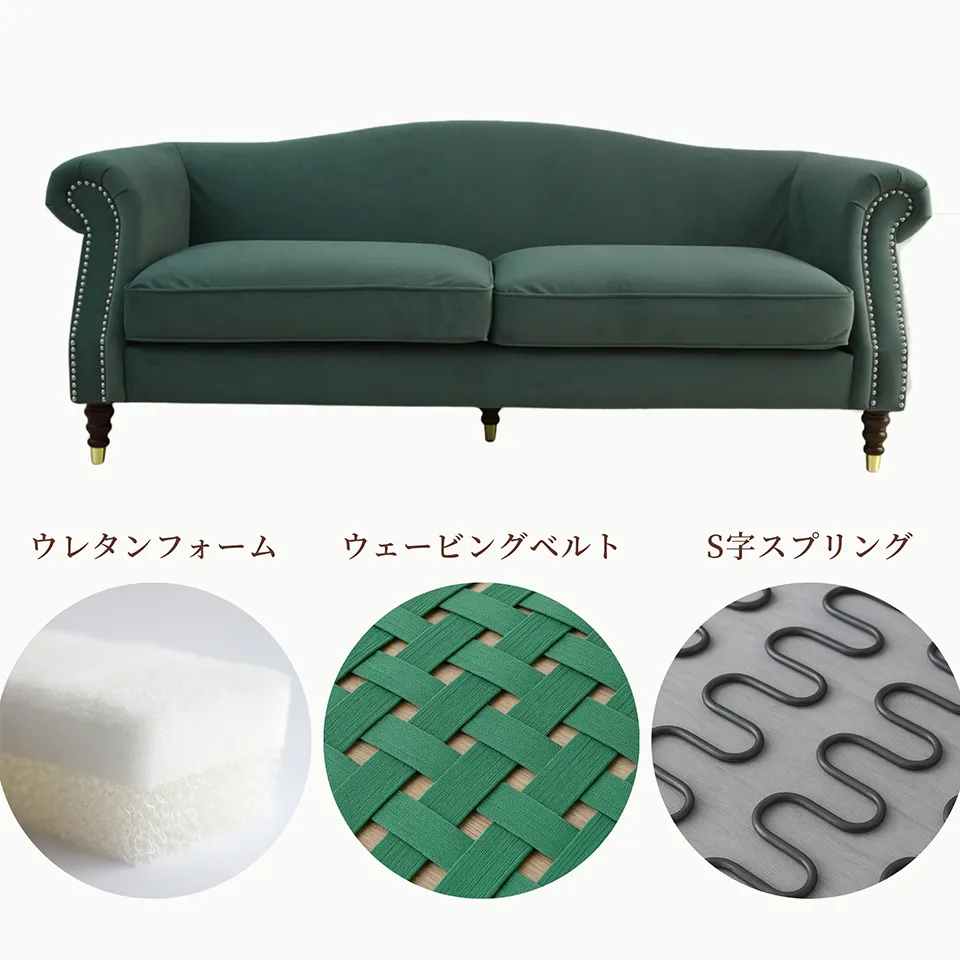 ヨーロピアン クラシック アンティーク調 3人掛けソファ 3Pソファ ベルベット 画像16