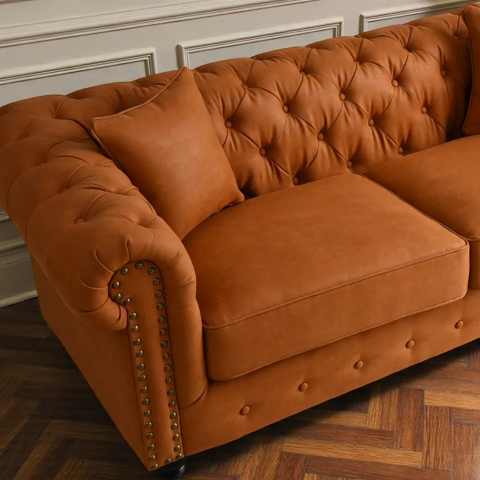 クラシック チェスターフィールド 3人掛けソファ 3P 撥水 キャメル 画像4