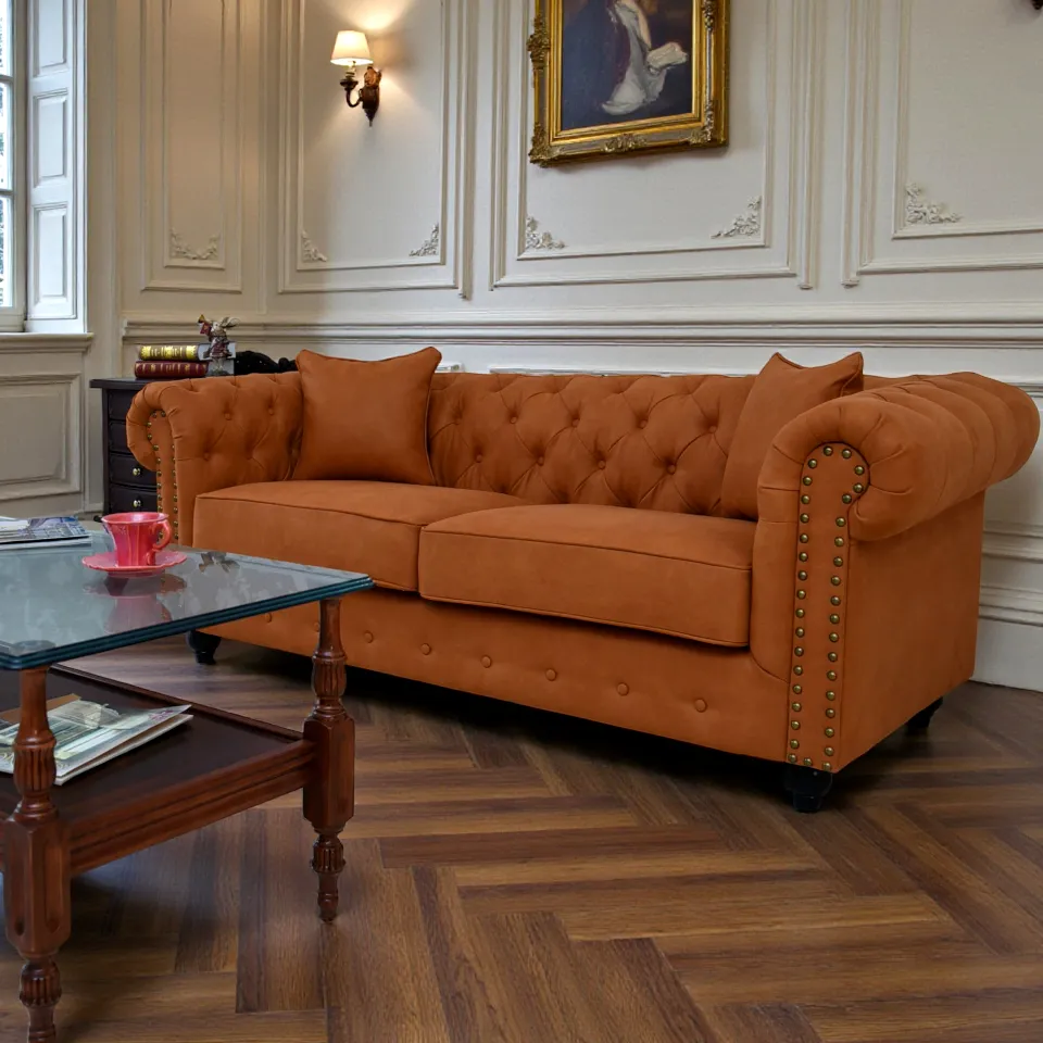 クラシック チェスターフィールド 3人掛けソファ 3P 撥水 キャメル 画像19