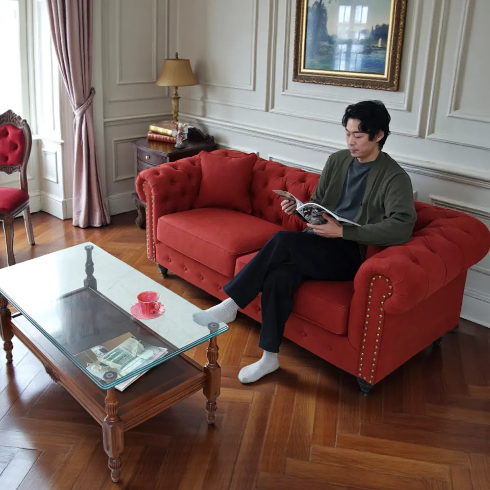 チェスターフィールド 3人掛けソファ(3P) 撥水 レッド 幅192cm