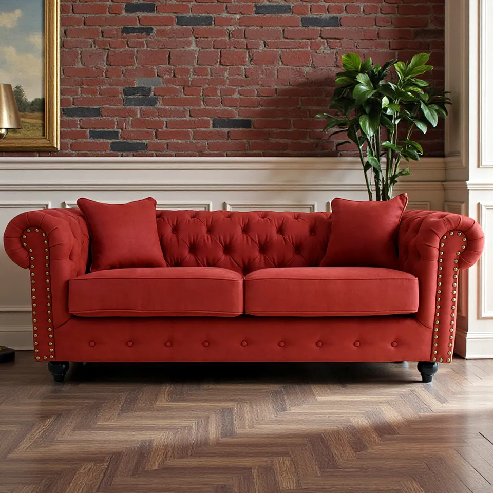 チェスターフィールド 3人掛けソファ(3P) 撥水 レッド 幅192cm