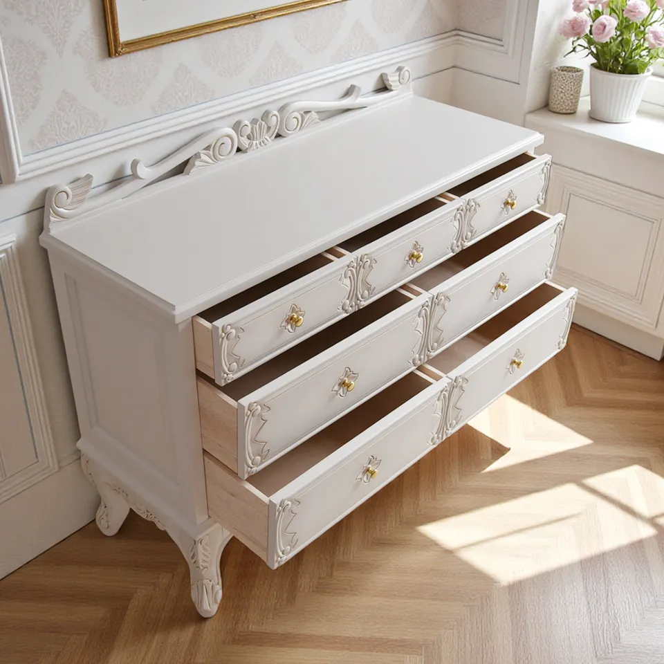 〈たのめる便・現状渡し〉ワイドチェスト アンティークホワイト 搬入・設置無料]アンティーク風 ワイドチェスト (アンティークホワイト