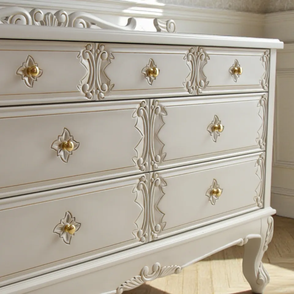 マホガニー　ホワイト　チェスト　カントリー　ロココ　アンティーク風　輸入家具 ロココ調 ホワイト家具 アンティーク家具 5段 チェスト 幅73cm Used