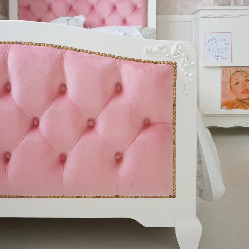 姫系シングルベッド ピンク 白家具 ロココ調 画像9
