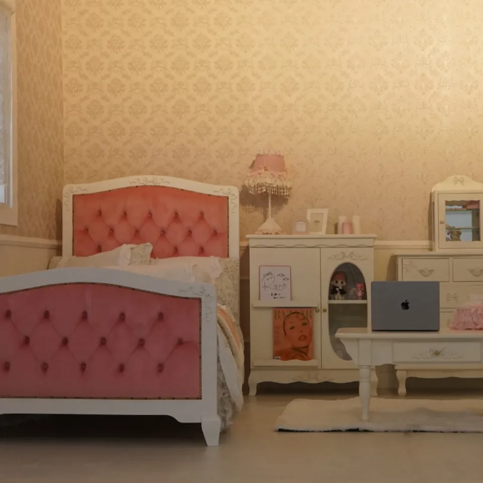 姫系シングルベッド ピンク 白家具 ロココ調 画像15GIF