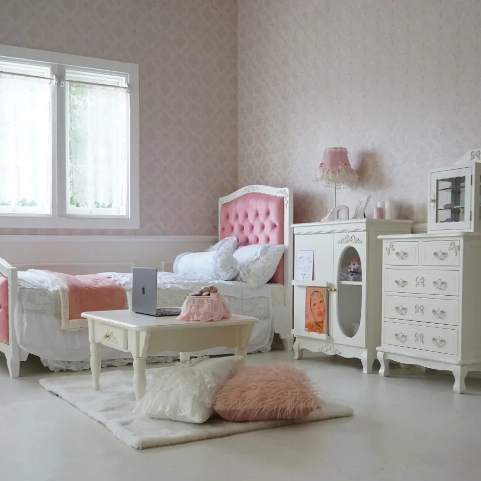 姫系シングルベッド ピンク 白家具 ロココ調 画像17
