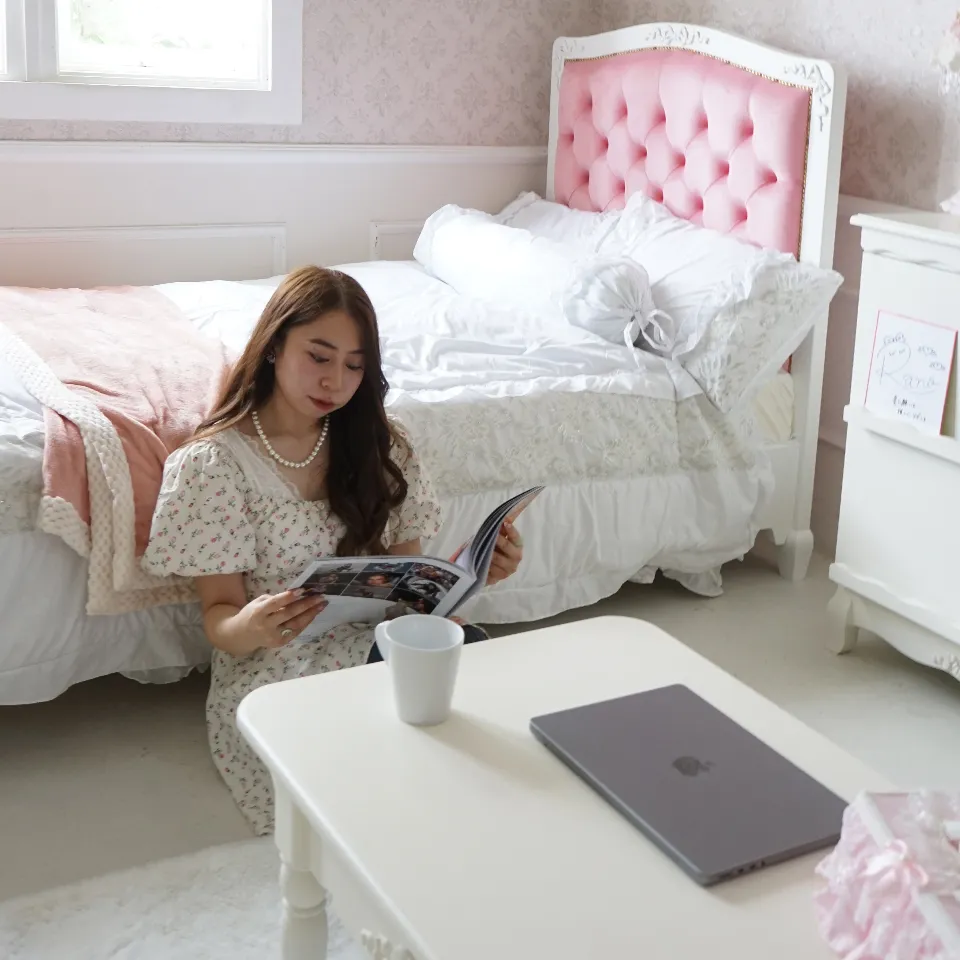 姫系セミダブルベッド ピンク 白家具 ロココ調 画像18