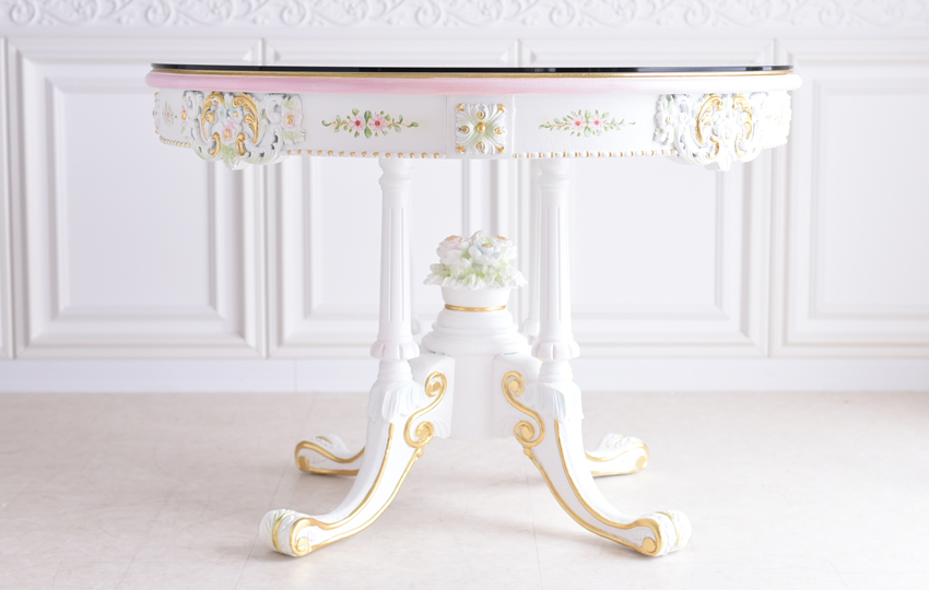ROCOCO アントワネット 丸 テーブル 幅110cm ガラス付【送料無料 ROCOCO アントワネット 丸 テーブル 幅110cm ガラス付【送料無料