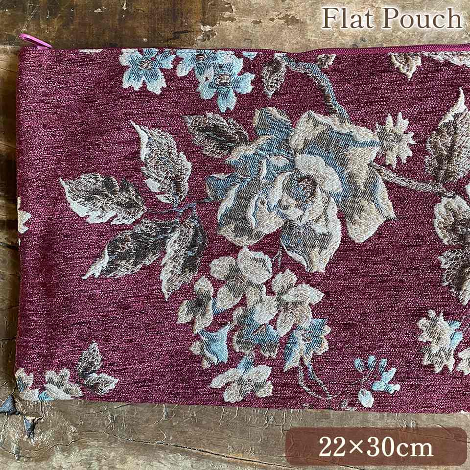 フラットポーチ ジャガード ワインレッド 花柄 化粧ポーチ 布製 ファッション雑貨 画像1サムネイル