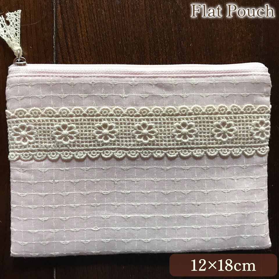 フラットポーチ 化粧ポーチ ピンク ファブリック レース 刺繍 ファッション雑貨 画像1サムネイル