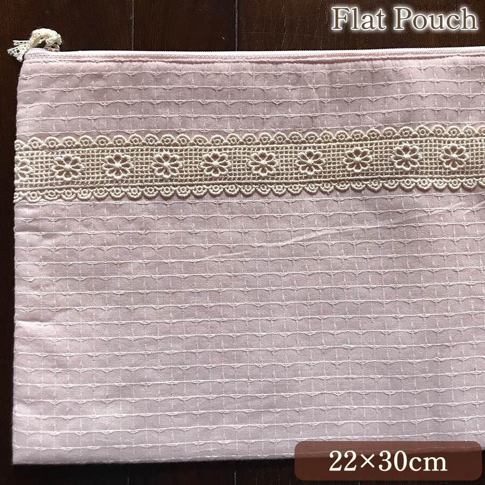 フラットポーチ 化粧ポーチ ピンク ファブリック レース 刺繍 ファッション雑貨 画像1サムネイル